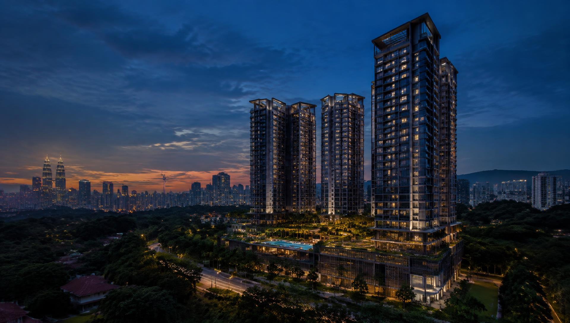 New high-rise condominium towers at dusk